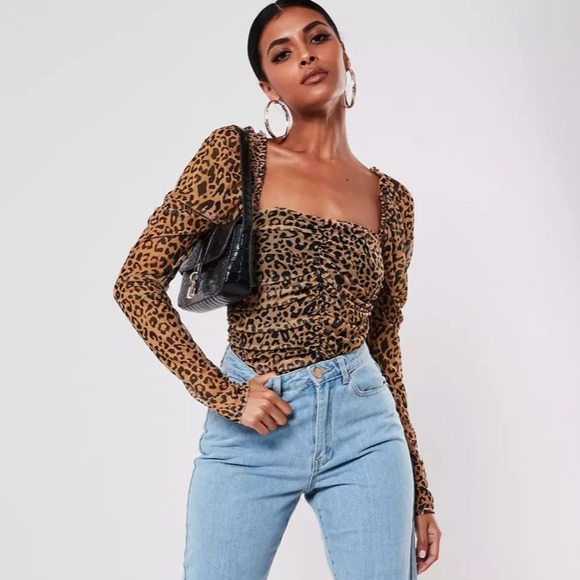 brown leopard mesh ruched milkmaid top